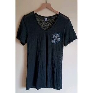 Y2K Rhinestone Cross Angel Wings Burnout Tee Black Sz L